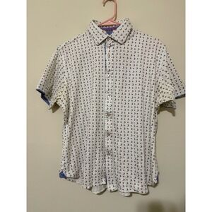 Mens Short Sleeve Button Down Shirt White Surfer Print Summer Casual Top